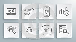 Set line Search data analysis, Financial growth dollar, Pie chart infographic, Server, Mobile stock trading, and Stocks