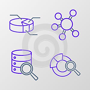 Set line Search data analysis, Server, Project team base and Pie chart infographic icon. Vector