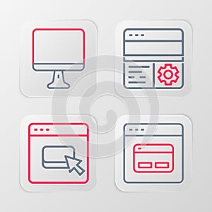 Set line Search engine, Browser files, Debugging and Computer monitor screen icon. Vector