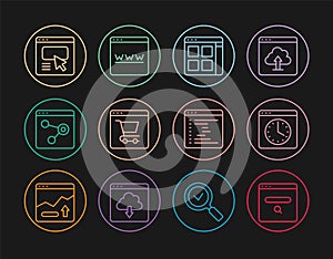 Set line Search engine, Browser window, files, Online shopping on screen, UI or UX design, and icon. Vector