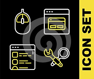Set line Search engine, Debugging, Browser files and Computer mouse icon. Vector