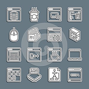 Set line Search engine, Laptop, Computer, Browser files, Processor, mouse, Server, Data, Web Hosting and Debugging icon