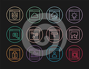 Set line Search engine, UI or UX design, Cloud technology data transfer, Browser window, New chat messages notification