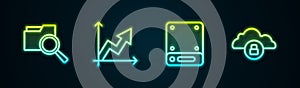 Set line Search with folder, Financial growth, Server and Cloud computing lock. Glowing neon icon. Vector