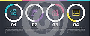 Set line Search house, Hanging sign with Sold, House dollar symbol and plan. Business infographic template. Vector