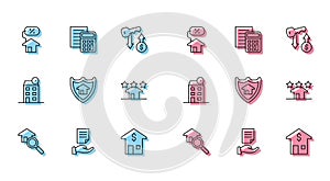 Set line Search house, House contract, with percant, dollar, shield, Real estate, and Calculator icon. Vector