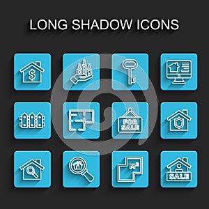 Set line Search house, House with dollar symbol, plan, Hanging sign Sale, shield and For icon. Vector
