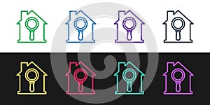 Set line Search house icon isolated on black and white background. Real estate symbol of a house under magnifying glass