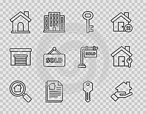 Set line Search house, Realtor, House key, contract, Hanging sign with text Sold, and icon. Vector