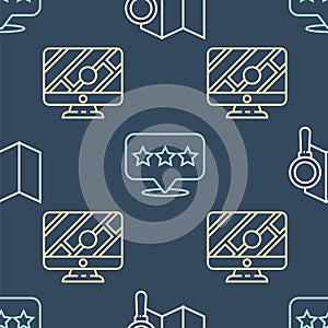 Set line Search location, Monitor with location marker and Map pointer with star on seamless pattern. Vector
