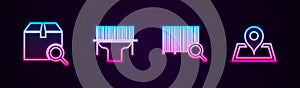 Set line Search package, Scanner scanning bar code, barcode and Placeholder on map. Glowing neon icon. Vector