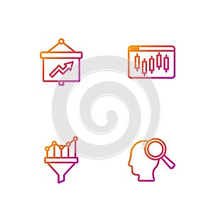 Set line Search people, Sales funnel with chart, Board graph and Browser stocks market. Gradient color icons. Vector