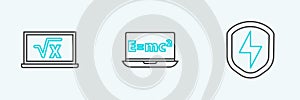 Set line Secure shield with lightning, Square root of x glyph and Equation solution icon. Vector