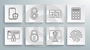 Set line Secure your site with HTTPS, Lock, Computer monitor and shield, Fingerprint, Firewall, security wall, Password