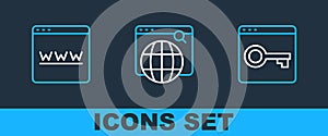 Set line Secure your site with HTTPS, SSL, Browser window and Search engine icon. Vector