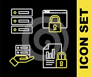 Set line Secure your site with HTTPS, SSL, Document and lock, Server, Data, Web Hosting and icon. Vector