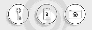 Set line Secure your site with HTTPS, SSL, Key and Smartphone lock icon. Vector
