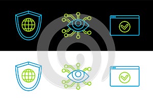 Set line Secure your site with HTTPS, SSL, Shield world globe and Eye scan icon. Vector