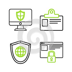 Set line Secure your site with HTTPS, SSL, Shield world globe, Identification badge and Computer monitor and shield icon