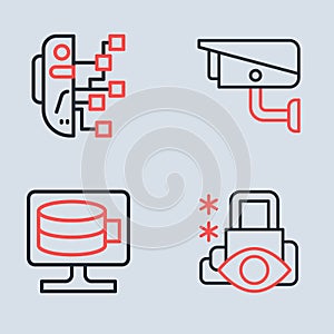 Set line Security camera, Cloud database, Cyber security and Humanoid robot icon. Vector