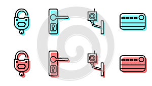 Set line Security camera, Lock and key, Door handle and Credit card icon. Vector