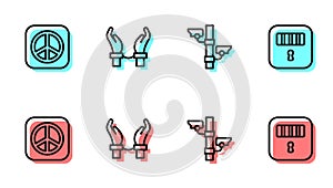 Set line Security camera, Peace, Handcuffs on hands of criminal and Prison cell door icon. Vector