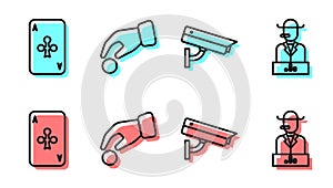 Set line Security camera, Playing card with clubs, Hand holding casino chips and Poker player icon. Vector
