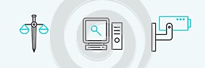 Set line Security camera, Scales of justice and Search on computer screen icon. Vector