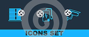 Set line Security camera service, Database server and Power bank icon. Vector