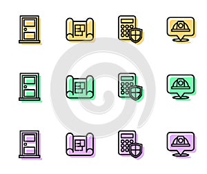 Set line Security keypad access panel, Closed door, House plan and Worker safety helmet icon. Vector