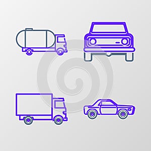 Set line Sedan car, Delivery cargo truck vehicle, Off road and Tanker icon. Vector