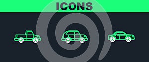 Set line Sedan car, Pickup truck and Hatchback icon. Vector