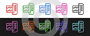 Set line Seismograph icon isolated on black and white background. Earthquake analog seismograph. Vector