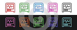 Set line Seismograph icon isolated on black and white background. Earthquake analog seismograph. Vector