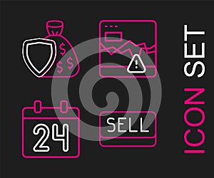 Set line Sell button, Calendar, Failure stocks market and Shield and money bag icon. Vector