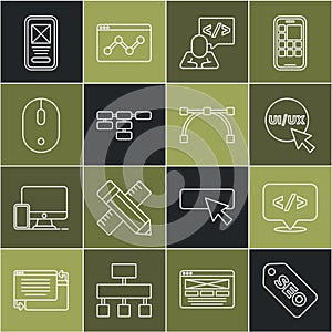 Set line SEO optimization, Front end development, UI or UX design, Site map, Computer mouse, and Bezier curve icon