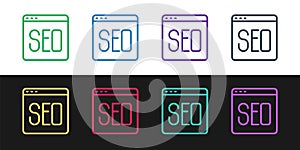 Set line SEO optimization icon isolated on black and white background. Vector