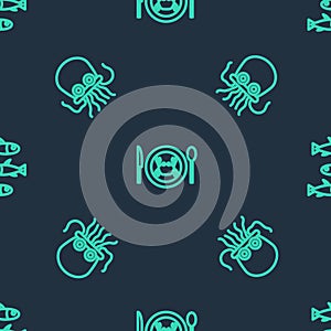 Set line Served crab on a plate, Octopus and Fishes on seamless pattern. Vector