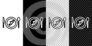 Set line Served fish on a plate icon isolated on black and white background. Vector.