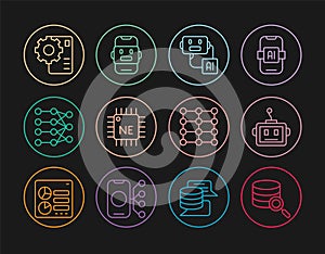 Set line Server, Artificial intelligence robot, Processor CPU, Neural network, and Chat icon. Vector