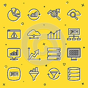 Set line Server, Binary code, Data analysis, Search data, Network cloud connection, Browser with exclamation mark, Pie
