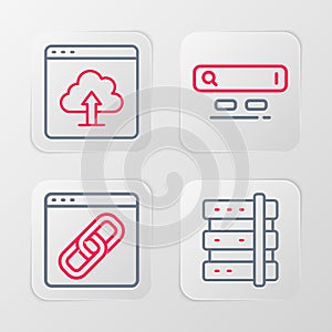 Set line Server, Browser window, Search engine and Cloud upload icon. Vector