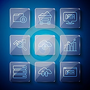 Set line Server, Cloud download and upload, Data analysis, computing lock, Search data, Folder and Pie chart infographic