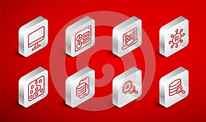 Set line Server, Computer api interface, Neural network, Processor CPU, monitor, Cloud technology data transfer and icon