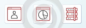 Set line Server, Create account screen and Graph chart infographic icon. Vector