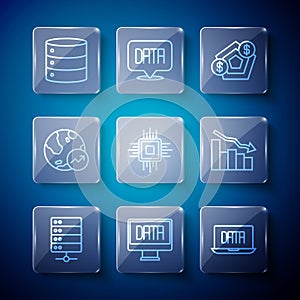 Set line Server, Data analysis, Financial growth, Processor CPU, and decrease icon. Vector
