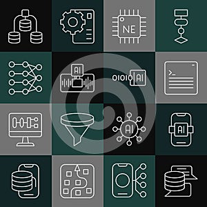 Set line Server, Data, Artificial intelligence AI, Web developer programming code, Processor CPU, Neural network, and