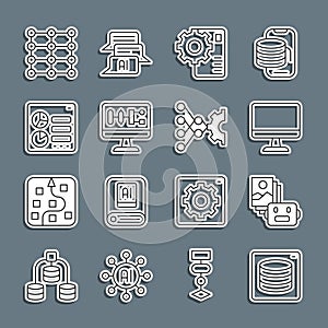 Set line Server, Data, Artificial intelligence robot, Computer monitor, Neural network, Algorithm, api interface, and