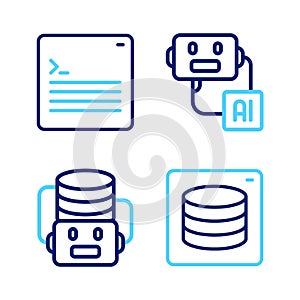 Set line Server, Data, Artificial intelligence robot, and Web developer programming code icon. Vector