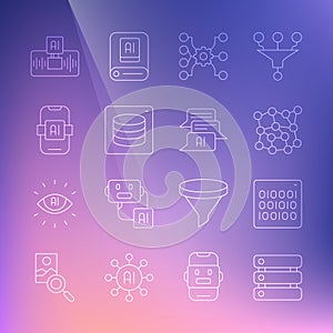 Set line Server, Data, Binary code, Neural network, Artificial intelligence AI, and Chat bot icon. Vector